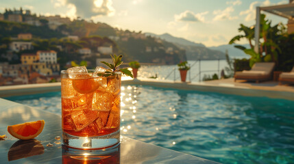 close up of a cocktail with luxury swimming pool in the background, 5 star luxury travel