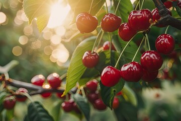 Obraz premium Ripe Red Cherries on Sunlit Tree