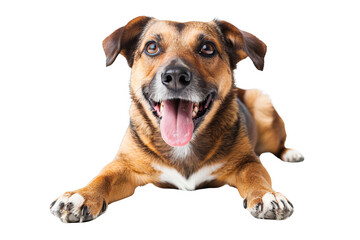 Obraz premium Isolated on white background, a cute dog with its tongue out, looking happy and content, ready for fun and play