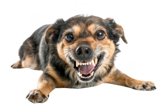 A playful dog with a mischievous grin, isolated on white background, about to pounce, capturing the spirit of playful mischief