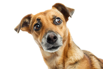 Obraz premium Isolated on white background, a cute dog with its head cocked to one side, looking inquisitively, capturing a moment of playful curiosity and charm