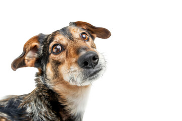 Isolated on white background, a cute dog with its head cocked to one side, looking inquisitively, capturing a moment of playful curiosity and charm