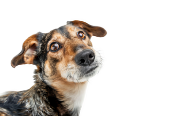 Isolated on white background, a cute dog with its head cocked to one side, looking inquisitively, capturing a moment of playful curiosity and charm