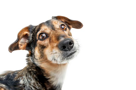 Isolated on white background, a cute dog with its head cocked to one side, looking inquisitively, capturing a moment of playful curiosity and charm
