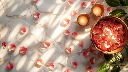 Birds-eye view, elegant foot spa with warm candlelight, rose petals scattered in water, photorealistic, soft shadows, serene ambiance.