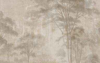 Abstract hand drawn nostalgic forest landscape art wallpaper. © Peter