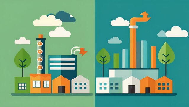 A before and after photo series of a factory showcasing the visible reduction in emissions and energy usage after implementing datadriven optimization strategies.. 2d flat cartoon
