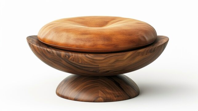 Birds-eye view, stylish meditation stool, handcrafted, polished mahogany, leather seating pad, bohemian flair, photorealistic detail, warm sunlight