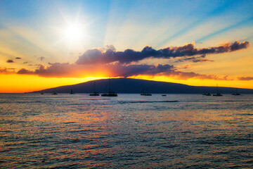 Sunset view of Lanai from Lahaina on Maui.