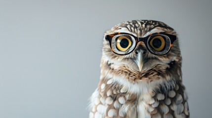 Obraz premium A wise owl wearing round glasses stares directly at the camera with a serious expression.