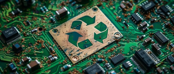 A close-up of a circuit board with a recycle symbol on it.