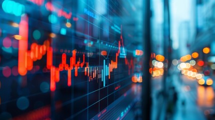 A close-up of a stock market graph displayed on a screen, with a blurred cityscape in the background
