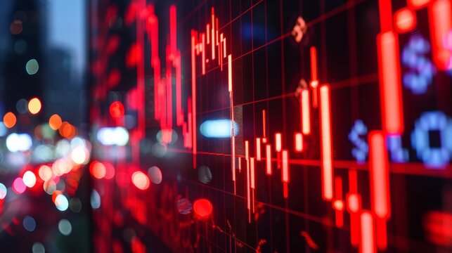 A close-up of a stock market ticker displaying red lines representing financial data, with a blurred city skyline in the background.