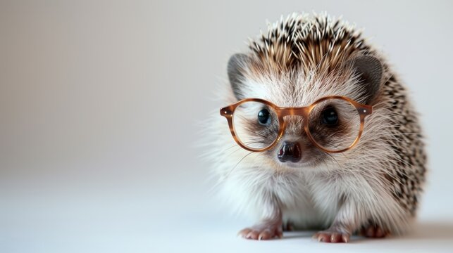 A cute hedgehog wearing glasses looks at the camera with a serious expression.