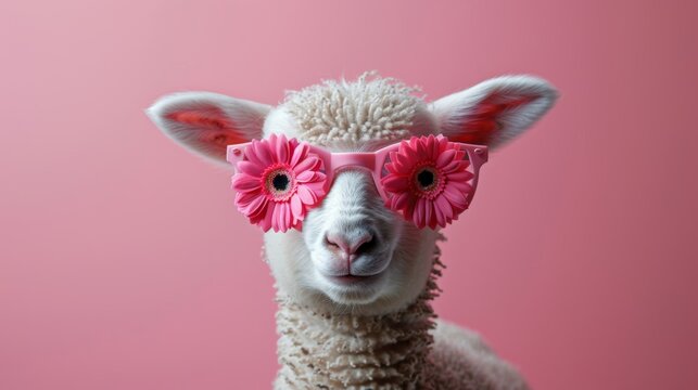 A cute lamb with pink flower-shaped glasses looking directly at the camera against a pink background.