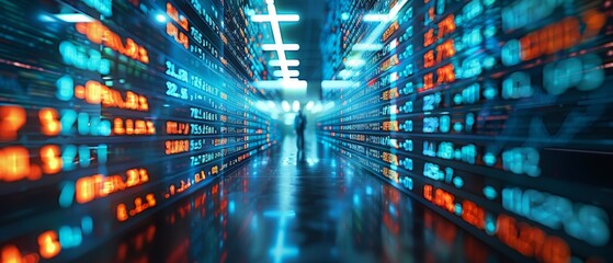 Abstract futuristic data center with glowing digital information.