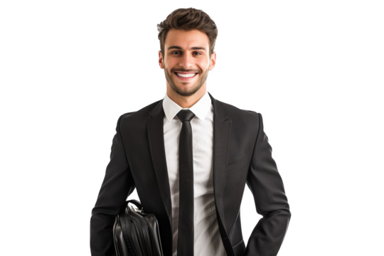 Isolated on white background, a confident businessman in a sleek black suit and tie, holding a briefcase and smiling, ready to take on the corporate world