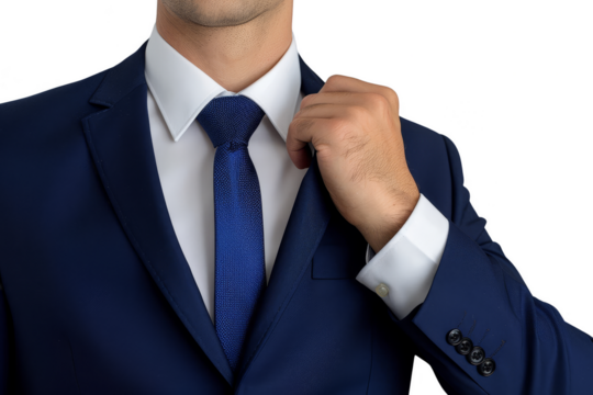 A business man in a navy blue suit, adjusting his tie, isolated on white background, representing preparation and attention to detail in the business environment