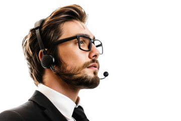 Isolated on white background, a businessman with a headset, engaged in a call, representing customer service, support, and communication in business