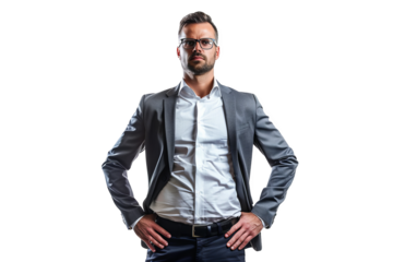 Isolated on white background, a businessman in a power pose, arms on hips, exuding confidence, leadership, and a commanding presence