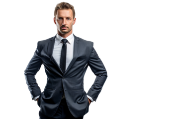 Isolated on white background, a businessman in a power pose, arms on hips, exuding confidence, leadership, and a commanding presence