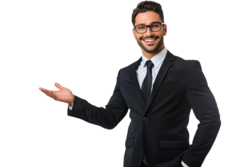 Isolated on white background, a businessman presenting with a smile, holding an open hand, ready to explain or persuade in a business setting
