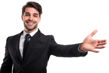 Isolated on white background, a businessman presenting with a smile, holding an open hand, ready to explain or persuade in a business setting