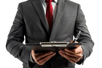 A business man in a suit and tie, holding a pen and clipboard, isolated on white background, ready to take notes or conduct a survey