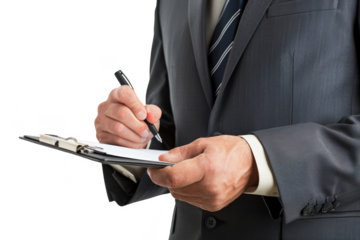 A business man in a suit and tie, holding a pen and clipboard, isolated on white background, ready to take notes or conduct a survey