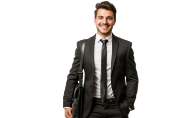 Isolated on white background, a confident businessman in a sleek black suit and tie, holding a briefcase and smiling, ready to take on the corporate world