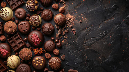 Various dark chocolates arranged on a background with space for text, perfect for World Chocolate Day celebration and promotion.