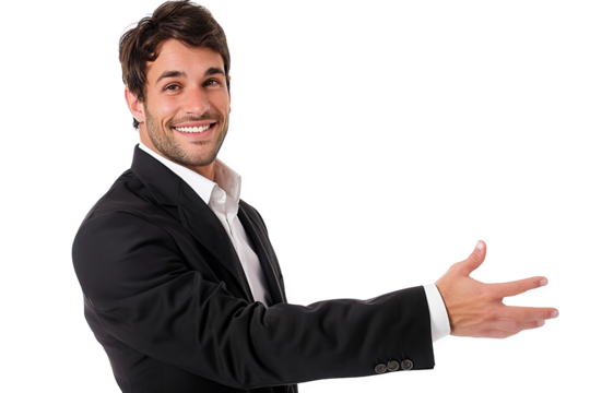 Isolated on white background, a businessman presenting with a smile, holding an open hand, ready to explain or persuade in a business setting