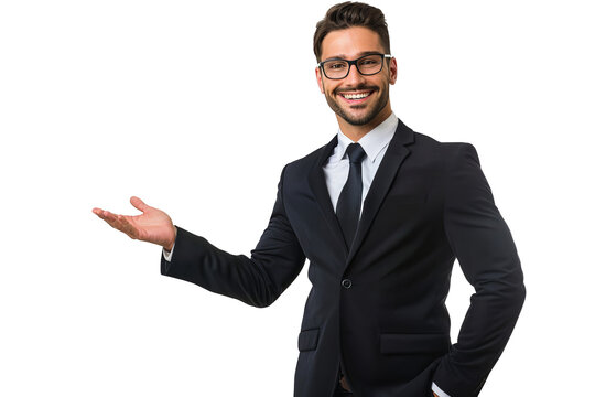 Isolated on white background, a businessman presenting with a smile, holding an open hand, ready to explain or persuade in a business setting