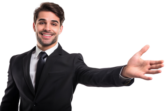 Isolated on white background, a businessman presenting with a smile, holding an open hand, ready to explain or persuade in a business setting