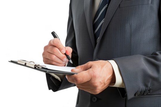 A business man in a suit and tie, holding a pen and clipboard, isolated on white background, ready to take notes or conduct a survey