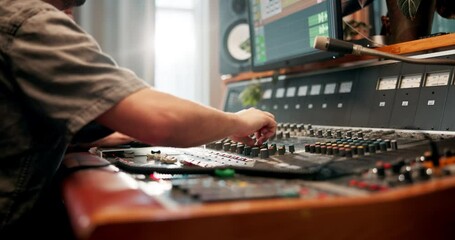 Studio, hands and producer with music equipment for volume level, frequency mode and control. People, sound engineer and audio mixer for track record, consistency and creativity with workstation
