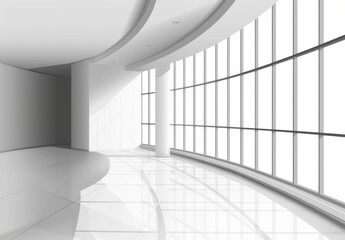 Obraz premium Bright Minimalist White Room with Floor-to-Ceiling Window, Curved Wall, and Flat Design Style