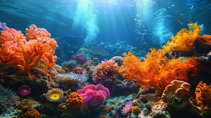Obraz premium An enchanting underwater landscape with a coral reef and a variety of sponges, anemones, and sea fans, creating a rich tapestry of colors and textures. Dramatic Photo Style,
