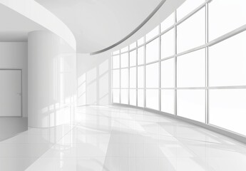 Obraz premium Bright Minimalist White Room with Floor-to-Ceiling Window, Curved Wall, and Flat Design Style