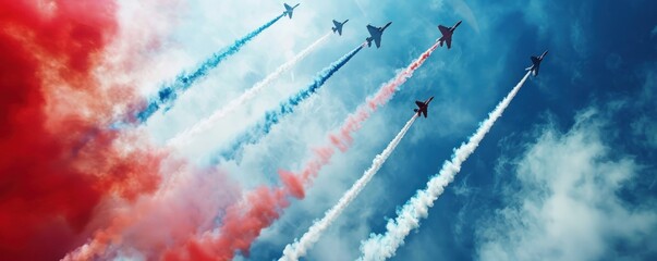 Group Of Fighter Jets Are Flying In Formation, American Independence. - Powered by Adobe