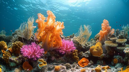 Naklejka premium An enchanting underwater landscape with a coral reef and a variety of sponges, anemones, and sea fans, creating a rich tapestry of colors and textures. Dramatic Photo Style,