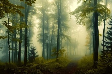 Panorama of foggy forest. Fairy tale spooky looking woods in a misty day. Cold foggy morning in horror forest. generative ai.