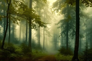 Obraz premium Panorama of foggy forest. Fairy tale spooky looking woods in a misty day. Cold foggy morning in horror forest. generative ai.