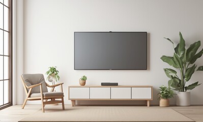 Fototapeta premium Minimalist Room with Modern TV Wall Mockup