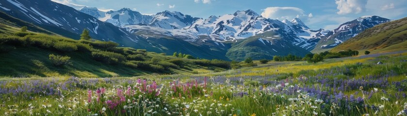 Fototapeta premium A beautiful mountain landscape with a large field of flowers