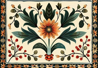 Cactus flower set against an oriental carpet pattern. Symmetrical design with a palette of warm colors.