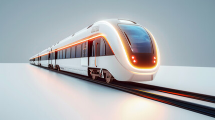 Image of a modern, streamlined train moving at high speed on tracks, illuminated with soft white lights in a futuristic design.