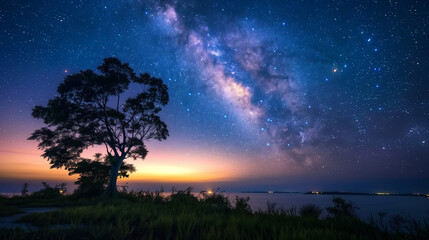 Fototapeta premium Night sky with silhouette of tree and Milky Way galaxy,