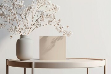 Mock up white frame and dry twigs in vase on book shelf or desk. White colors.