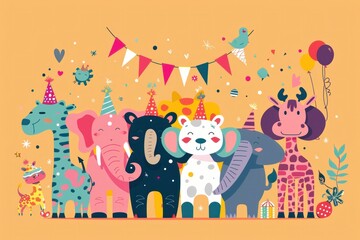Obraz premium Celebration with a group of animals standing in front of birthday cake with balloons and streamers